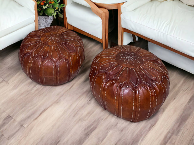 Indulge in Moroccan Elegance with Our Hand-Embroidered Tobacco Leather Round Ottoman Pouf - handmade by Moroccantastics - leather work, round pouf