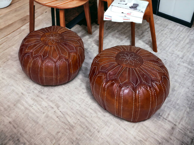 Indulge in Moroccan Elegance with Our Hand-Embroidered Tobacco Leather Round Ottoman Pouf - handmade by Moroccantastics - leather work, round pouf