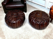Embark on a Moroccan Odyssey with Our Exquisite Hand-Embroidered Round Brown Leather Ottoman Pouf - handmade by Moroccantastics - leather work, round pouf