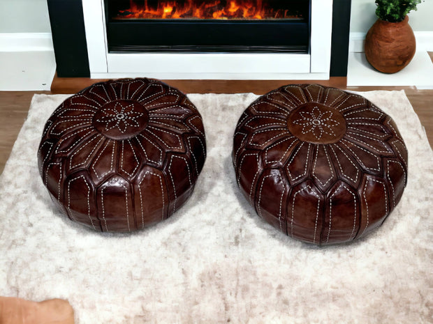 Embark on a Moroccan Odyssey with Our Exquisite Hand-Embroidered Round Brown Leather Ottoman Pouf - handmade by Moroccantastics - leather work, round pouf