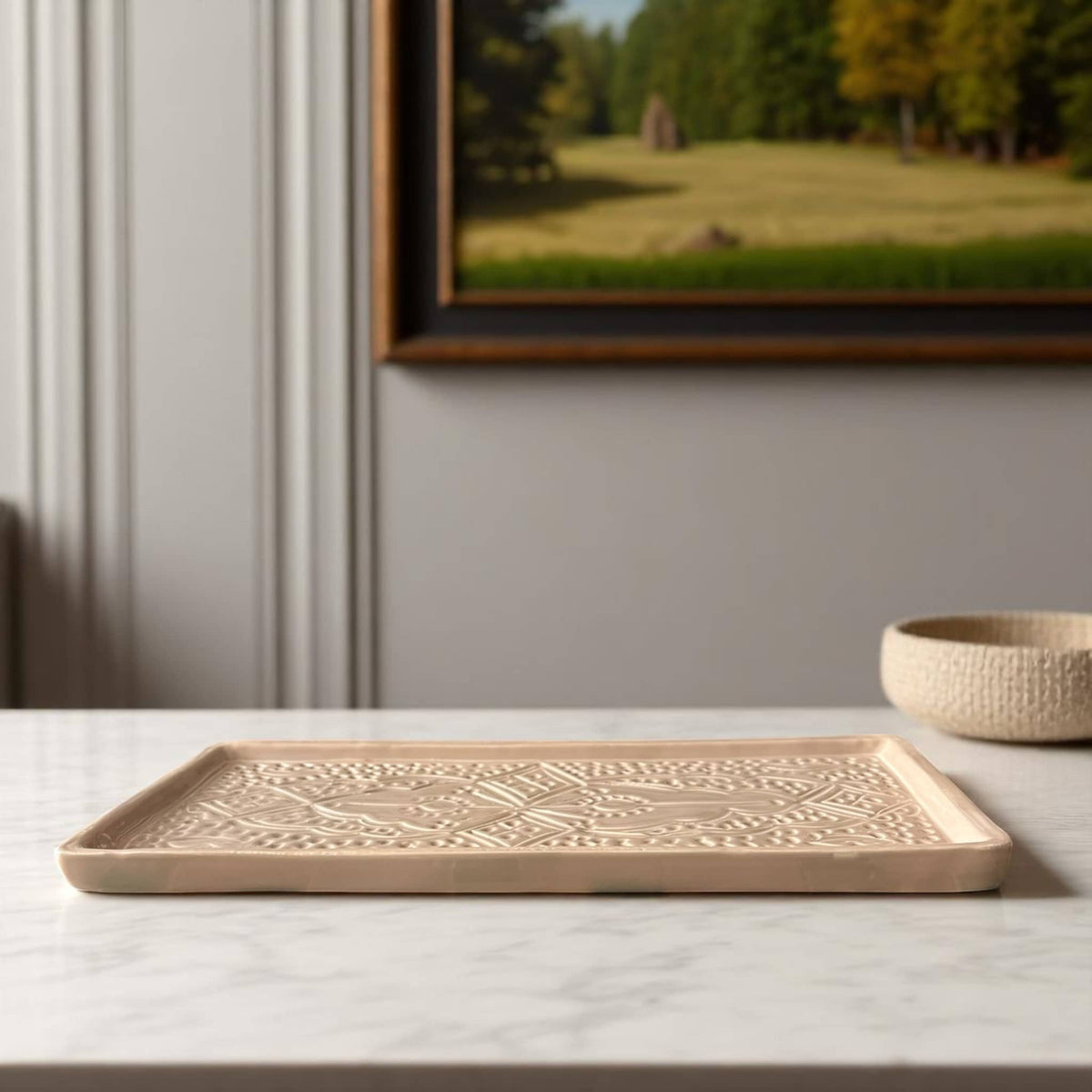 Hand-Engraved Beige Moroccan Platter (34 x 16 cm)