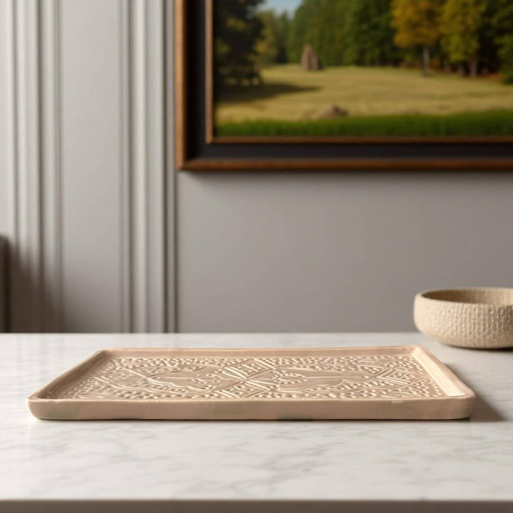 Hand-Engraved Beige Moroccan Platter (34 x 16 cm)