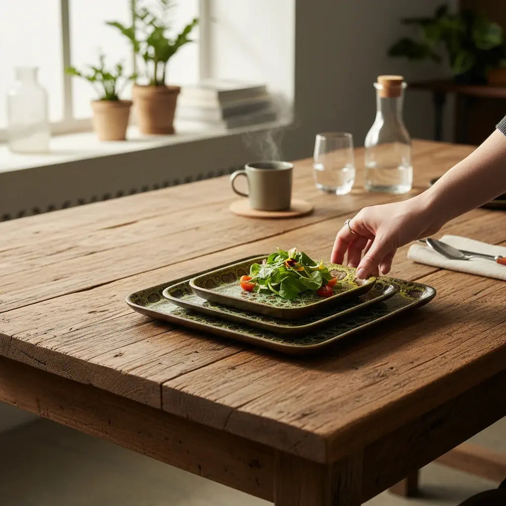 Handmade Moroccan ceramic square plates with reactive glaze in small medium and large sizes