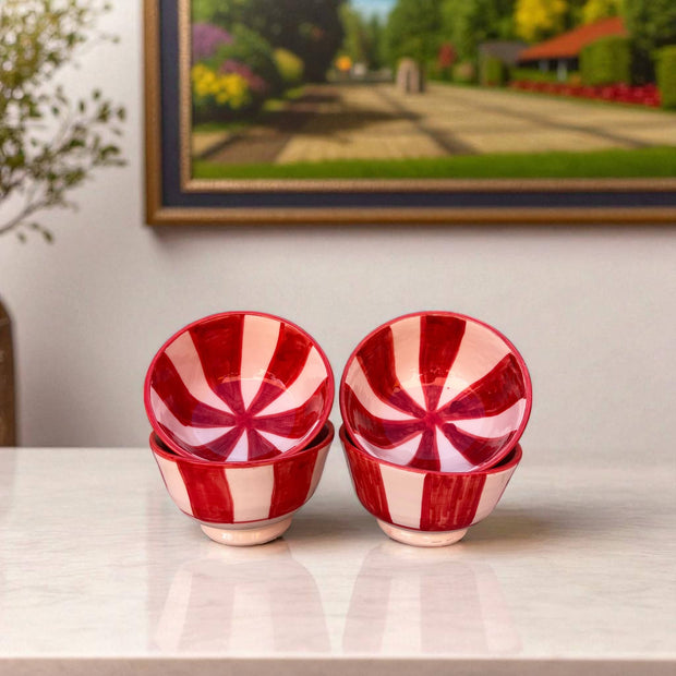 Handpainted Red & White Fes Moroccan Bowls (Set of 5 - 10 cm Diameter)