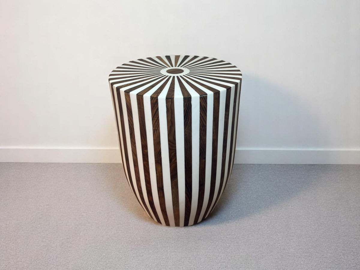 Round Walnut Wood and White Resin Side Table