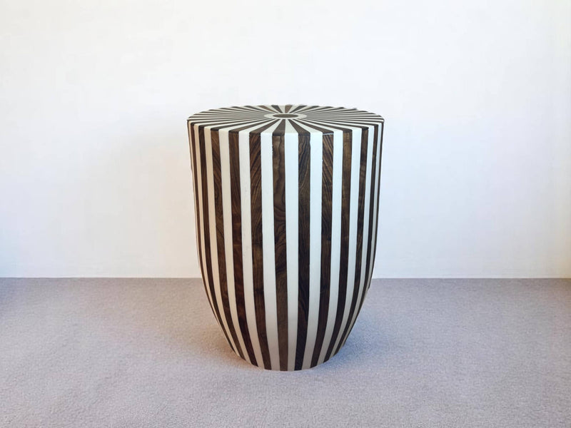 Round Walnut Wood and White Resin Side Table