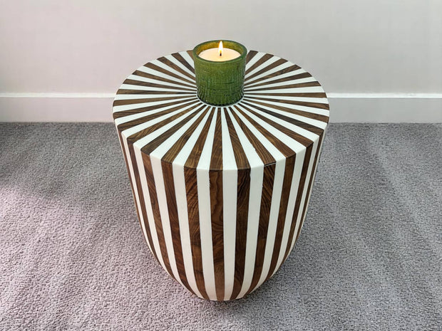 Round Walnut Wood and White Resin Side Table
