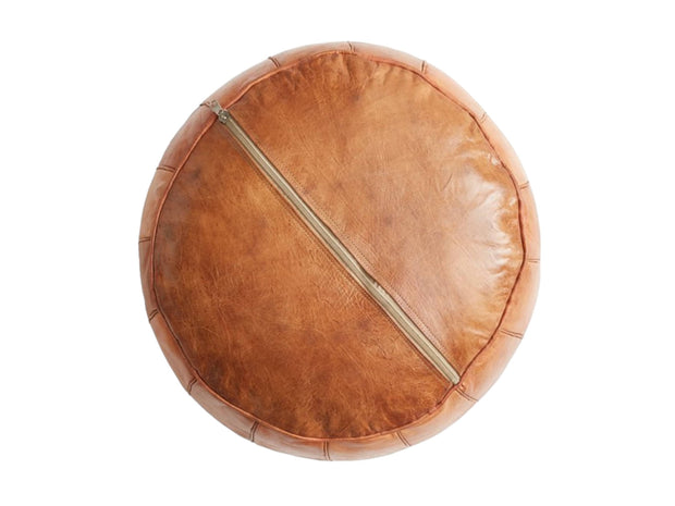 Moroccan Majesty: Enrich Your Home with Our Exquisite Tobacco Leather Ottoman Pouf - handmade by Moroccantastics - leather work, round pouf