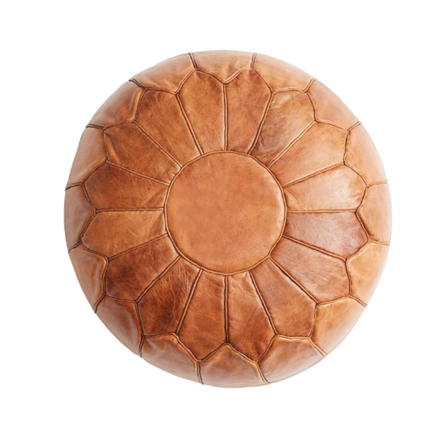 Moroccan Majesty: Enrich Your Home with Our Exquisite Tobacco Leather Ottoman Pouf - handmade by Moroccantastics - leather work, round pouf