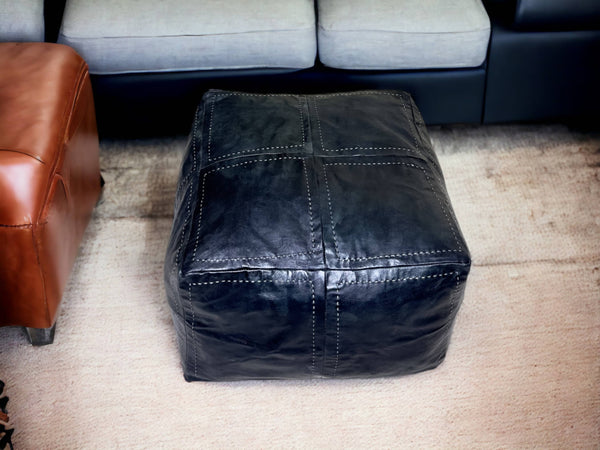 Embrace Timeless Elegance with Our Exquisite Large Black Square Leather Pouf