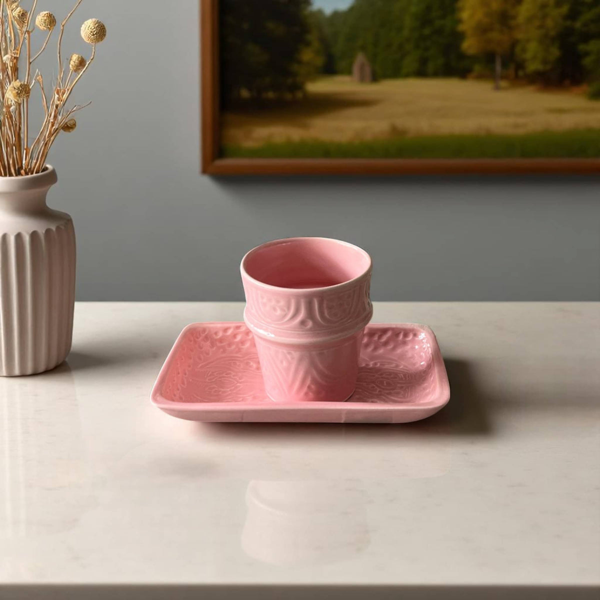 Hand-Engraved Rose Pink Moroccan Cup & Tray Set