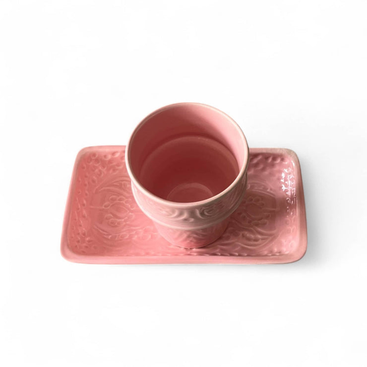 Hand-Engraved Rose Pink Moroccan Cup & Tray Set