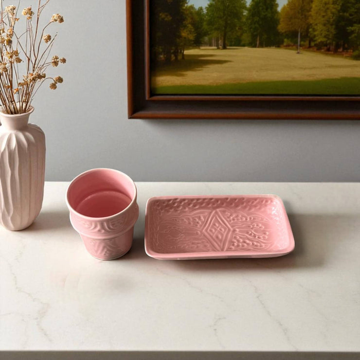 Hand-Engraved Rose Pink Moroccan Cup & Tray Set