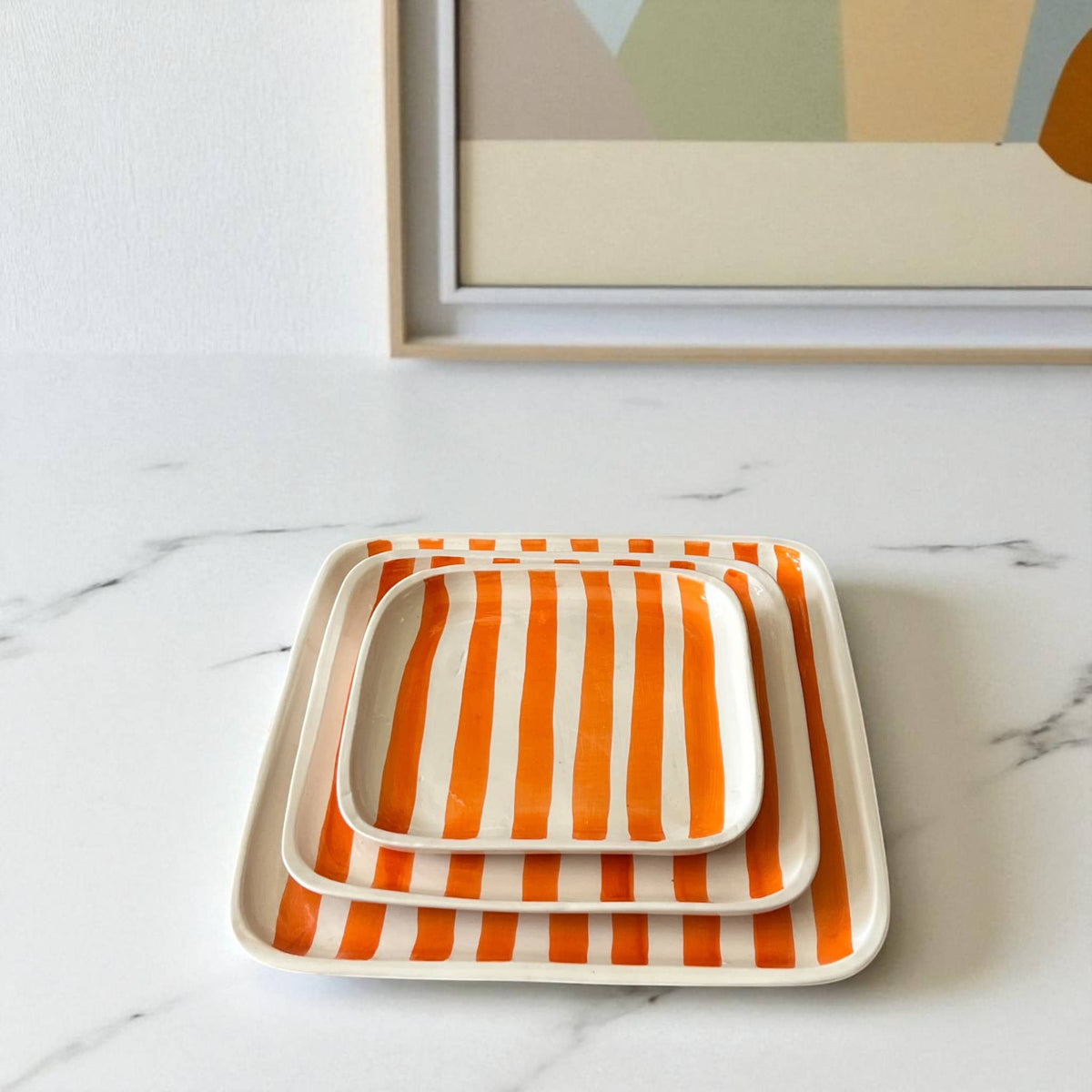 Hand-Painted Moroccan Ceramic Plate – Orange Striped Square Design