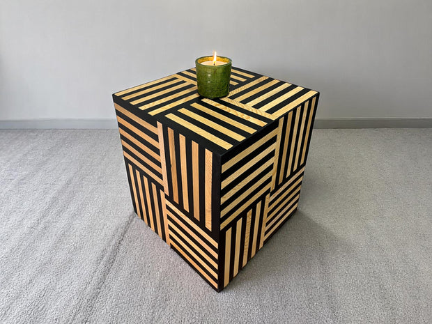 Square Black Resin and Cedar Wood Side Table