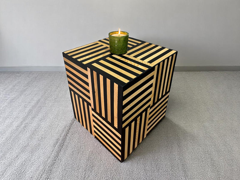 Square Black Resin and Cedar Wood Side Table