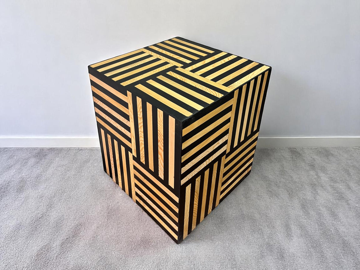 Square Black Resin and Cedar Wood Side Table