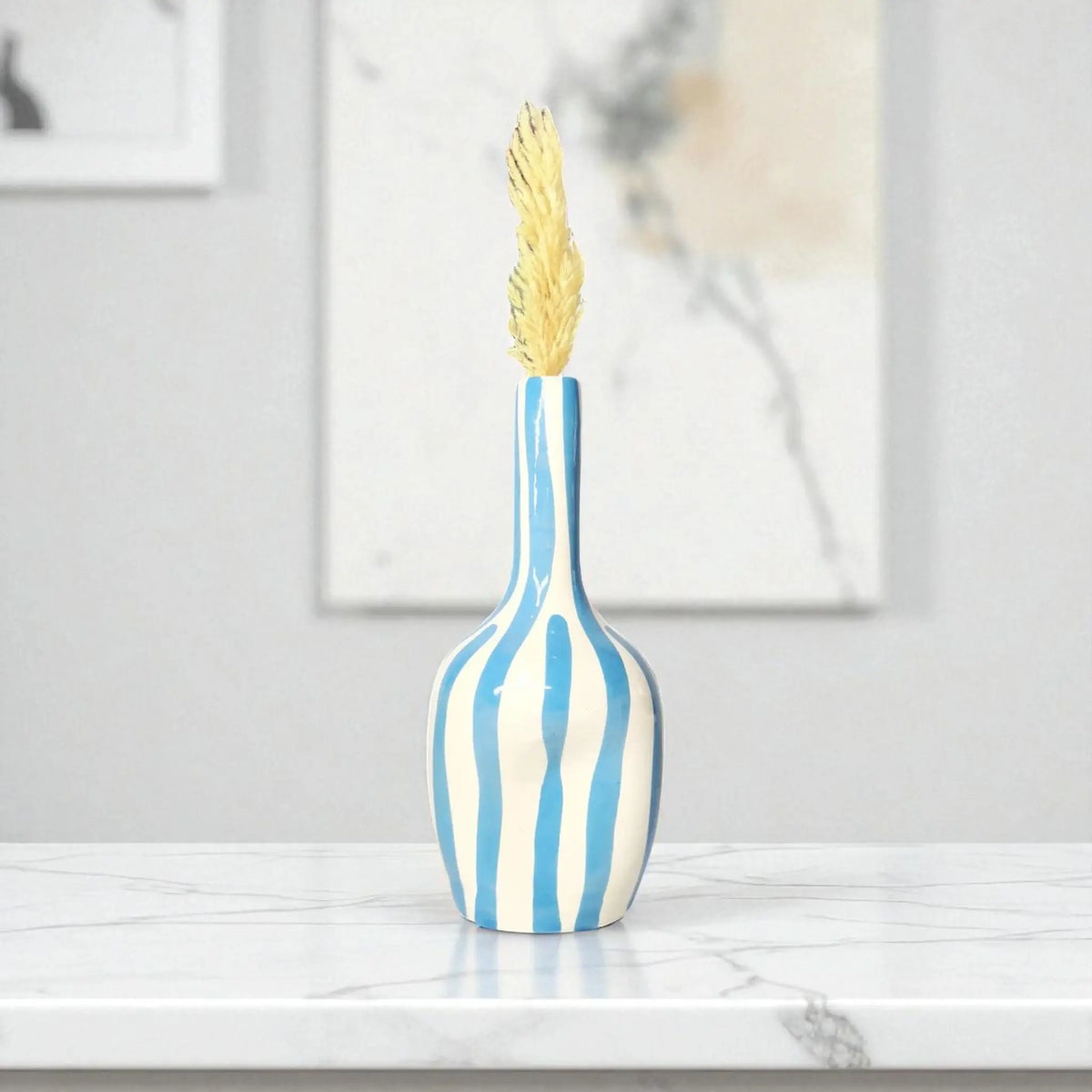 Handmade sky-blue and white striped ceramic vase from Morocco