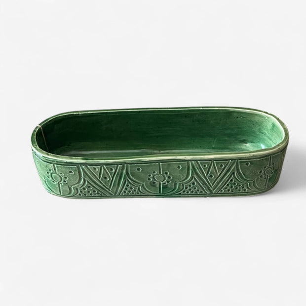 Discover Artisan Charm with This Handmade Green Embossed Serving Dish / Trough