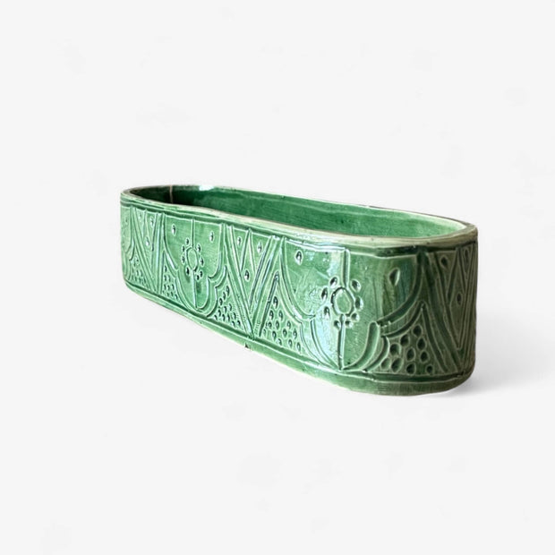 Discover Artisan Charm with This Handmade Green Embossed Serving Dish / Trough