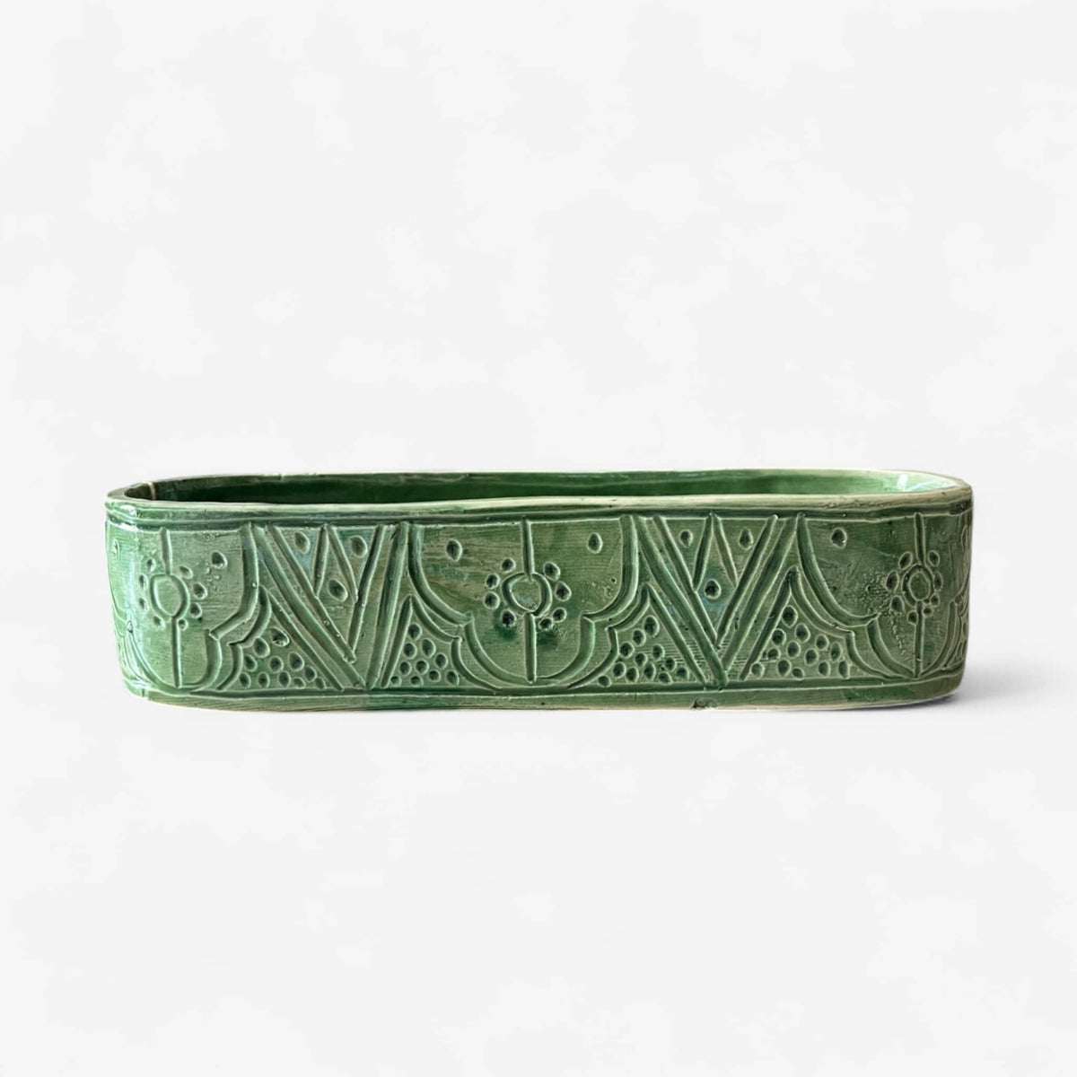 Discover Artisan Charm with This Handmade Green Embossed Serving Dish / Trough