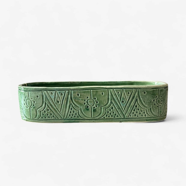 Discover Artisan Charm with This Handmade Green Embossed Serving Dish / Trough
