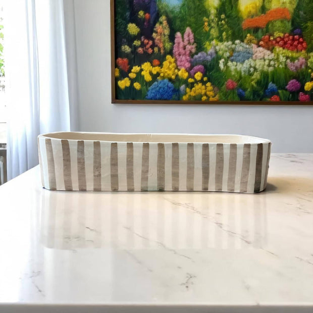 Handmade & Handpainted Neutral Striped Serving Dish / Trough