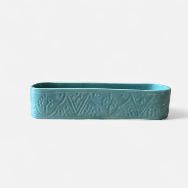 Discover Artisan Charm with This Handmade Aqua Embossed Serving Dish / Trough