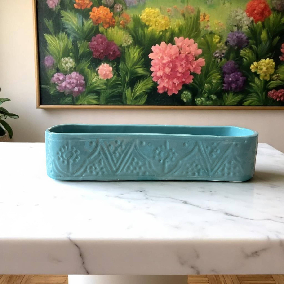 Discover Artisan Charm with This Handmade Aqua Embossed Serving Dish / Trough