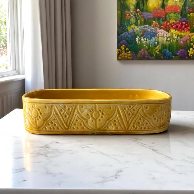 Discover Artisan Charm with This Handmade Yellow Embossed Serving Dish / Trough