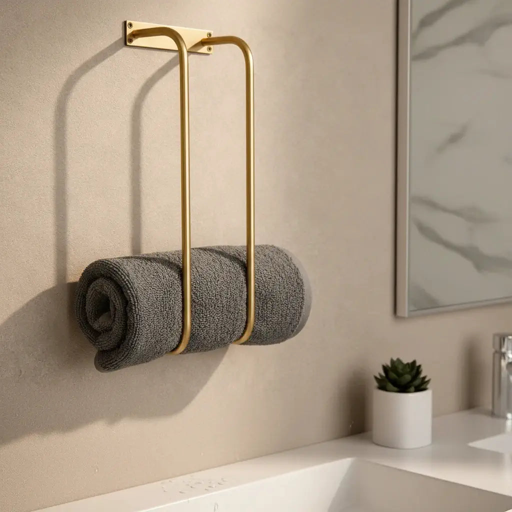 Gold towel holder with a rolled-up gray towel on a beige wall in a bathroom setting.