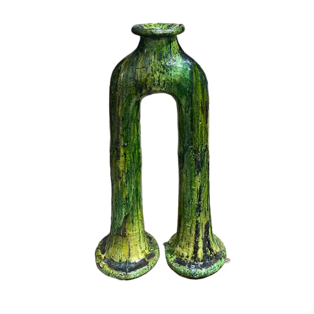 Handmade Tamegroute Double-Leg Vase – Moroccan Green Pottery (57 cm)