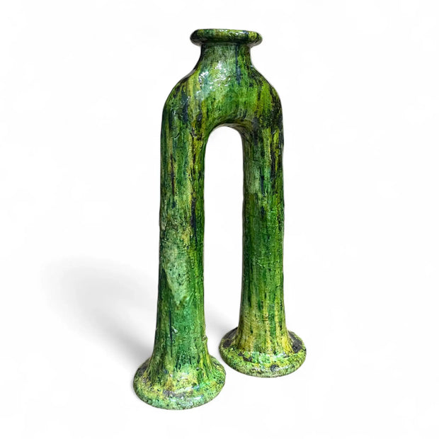 Handmade Tamegroute Double-Leg Vase – Moroccan Green Pottery (57 cm)