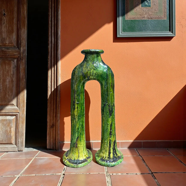 Handmade Tamegroute Double-Leg Vase – Moroccan Green Pottery (57 cm)