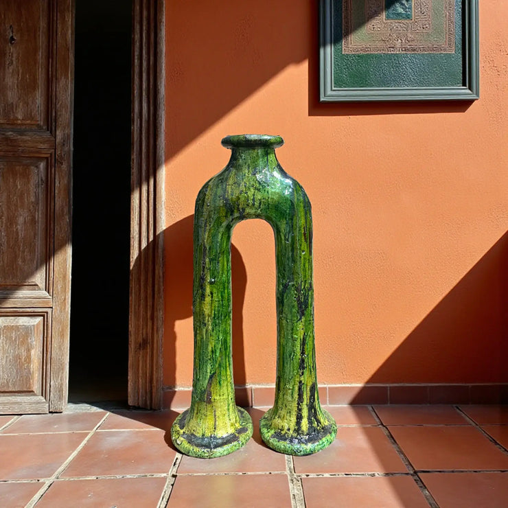 Handmade Tamegroute Double-Leg Vase – Moroccan Green Pottery (57 cm)