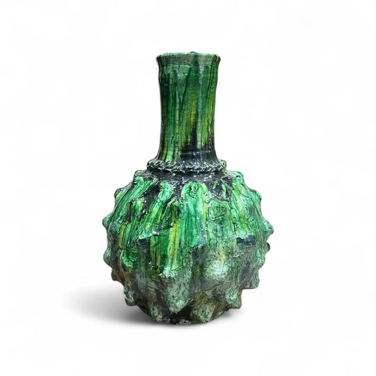 Green textured vase on a white background
