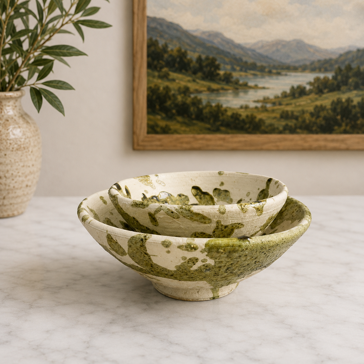 Handmade Moroccan clay bowls with yellow splatter glaze and exposed natural clay finish.