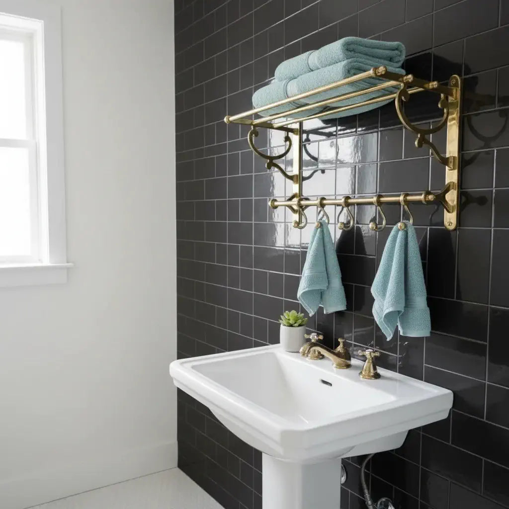 Unlacquered Brass Towel Rack with Hooks Wall Mounted Bathroom Shelf