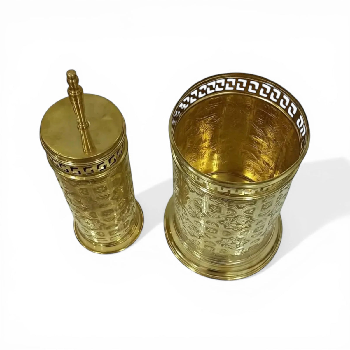 engraved brass waste bin and brush holder set