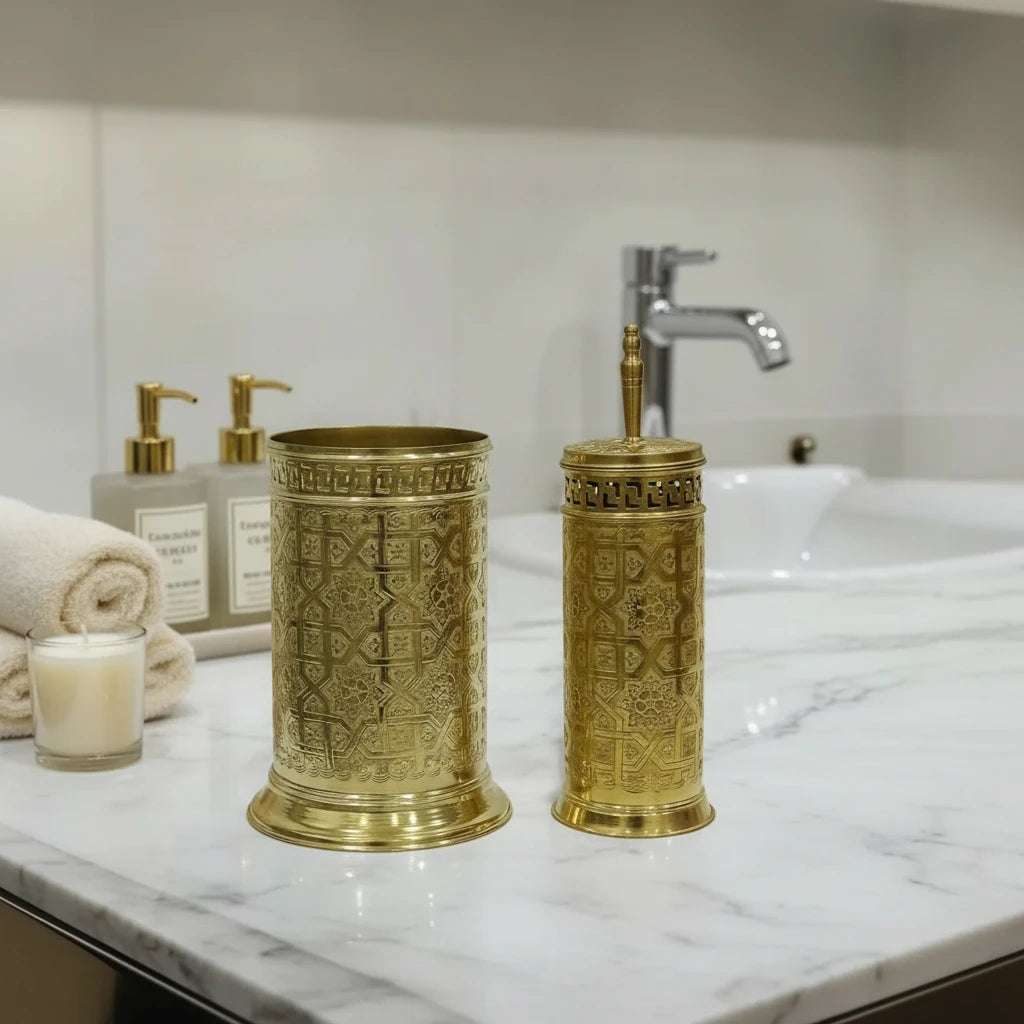 unlacquered brass bathroom accessories set trash can brush holder
