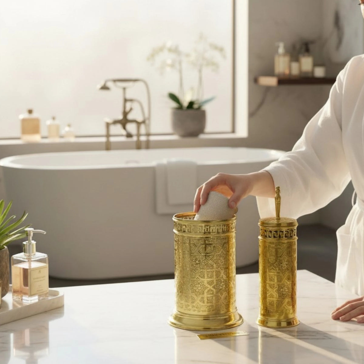 engraved brass waste bin and brush holder set