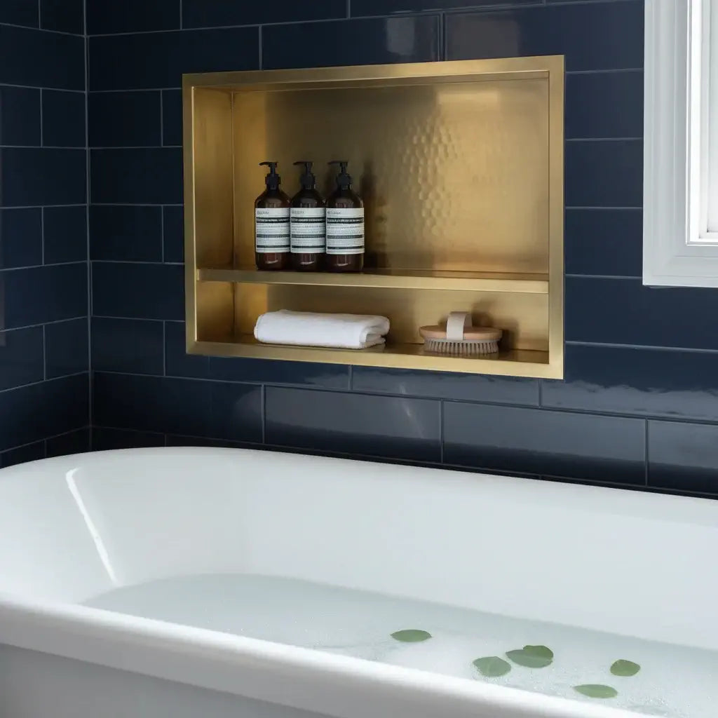 brass bathroom niche built in shower storage