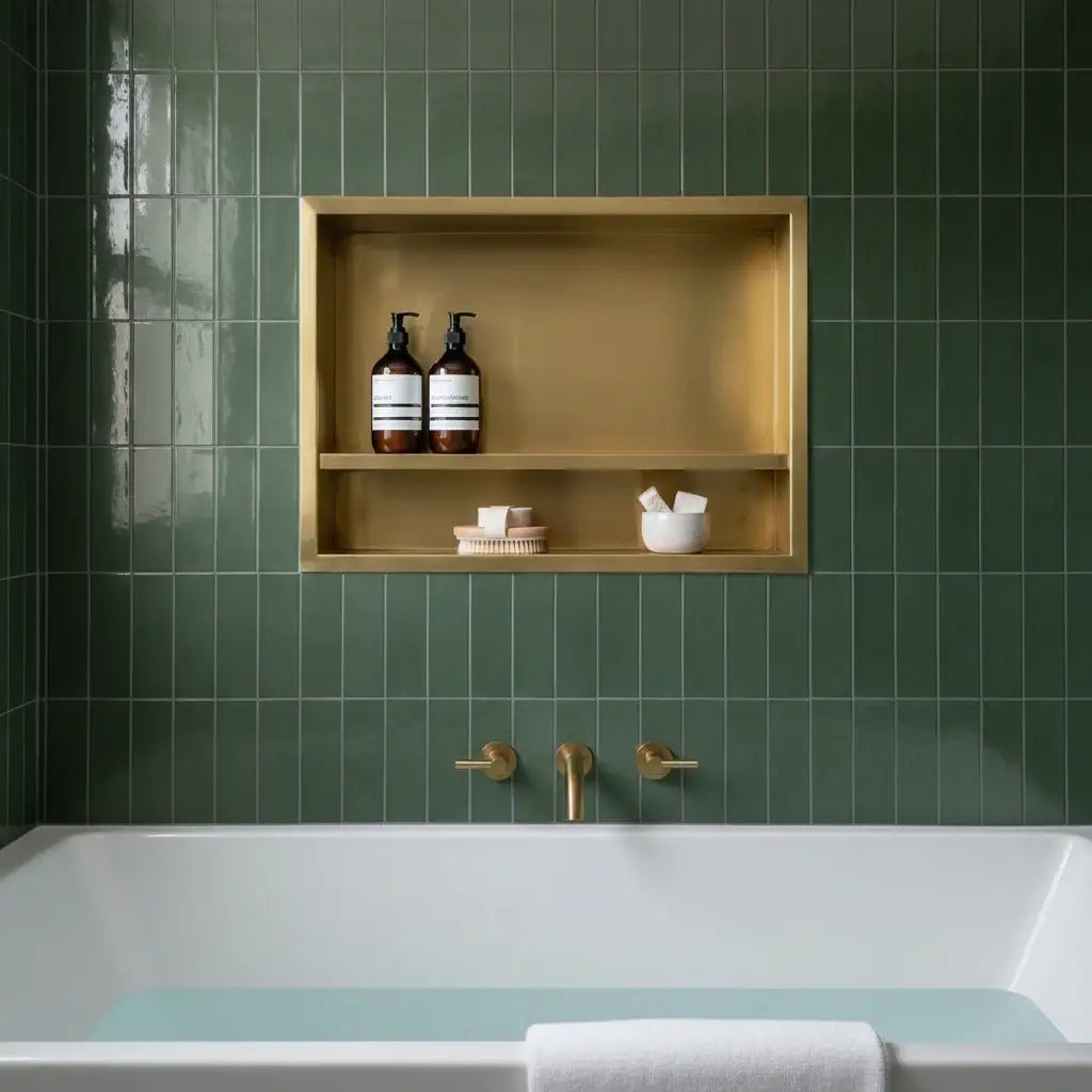 brass bathroom niche built in shower storage