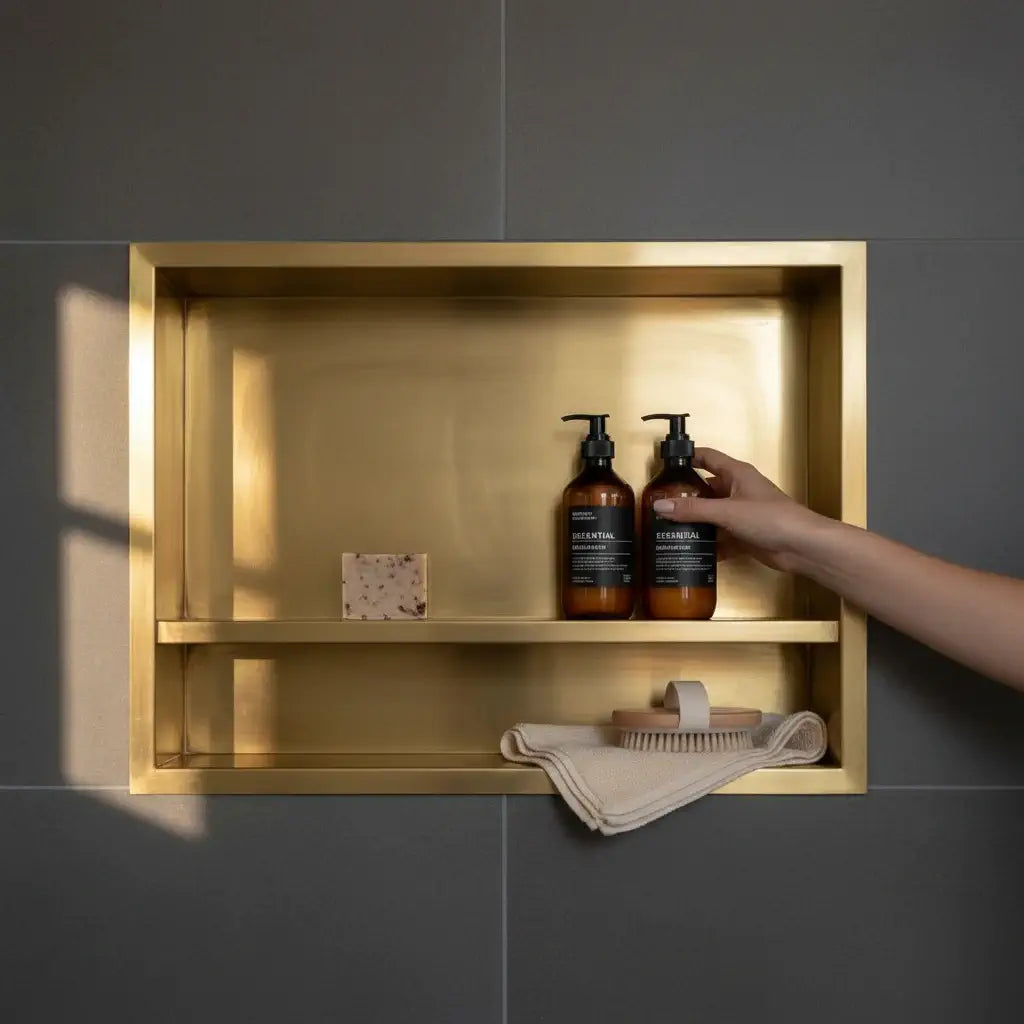 unlacquered brass shower niche recessed bathroom shelf