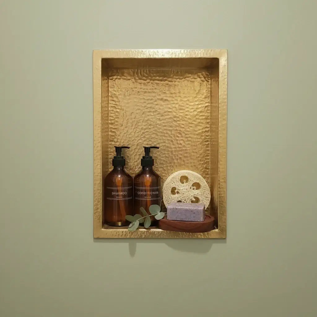 hammered brass niche double shelf bathroom