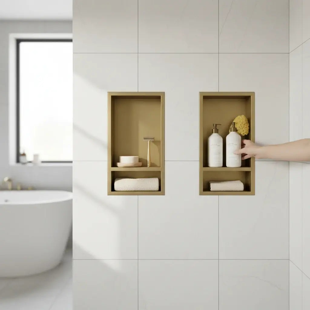 recessed brass shelf bathroom double shelves