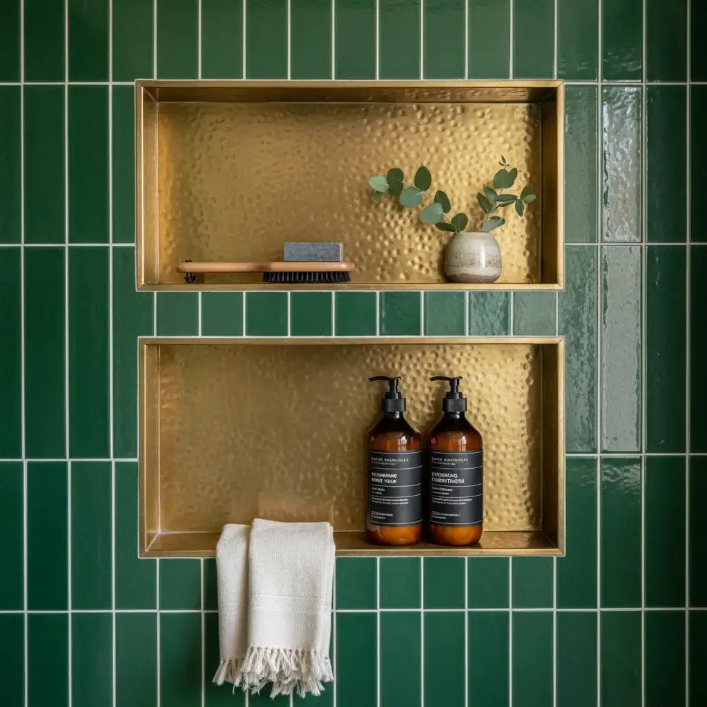 hammered brass niche double shelf bathroom