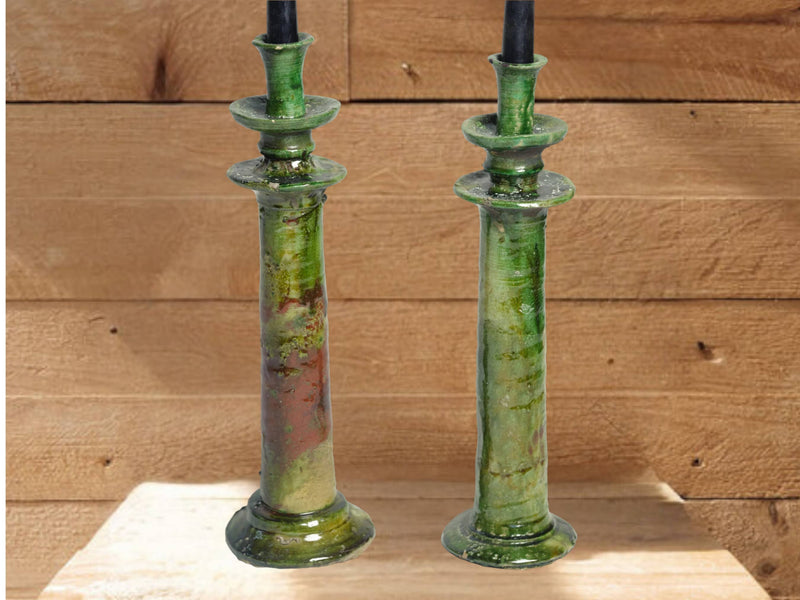 Handcrafted Moroccan Green Tamegroute Large Candlestick Holder