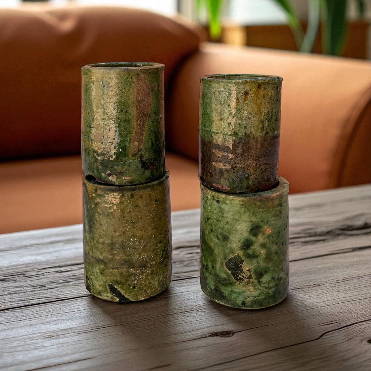 Authentic Tamegroute Green Glazed Cups (Set of 6 - 6 cm H x 5 cm Dia)