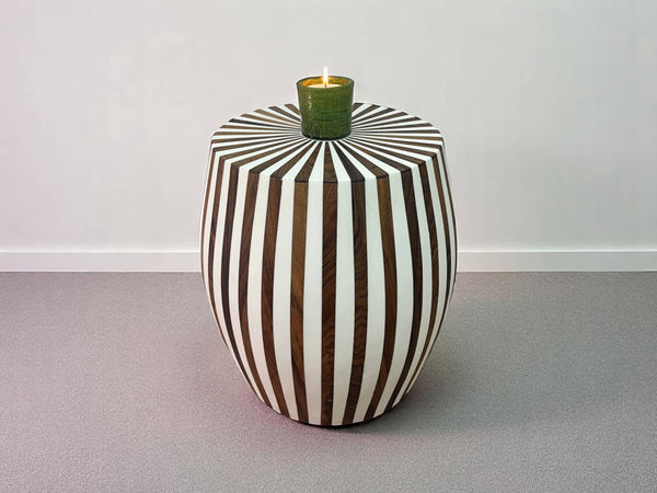 Round Walnut Wood and White Resin Side Table